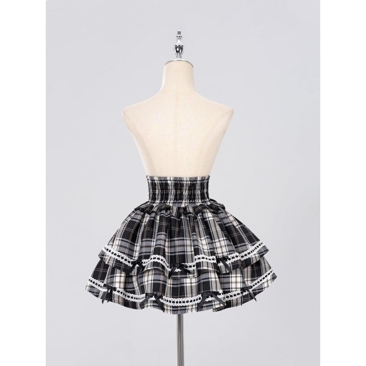 Jupe Jirai Kei taille haute à carreaux noire lacée à nœuds