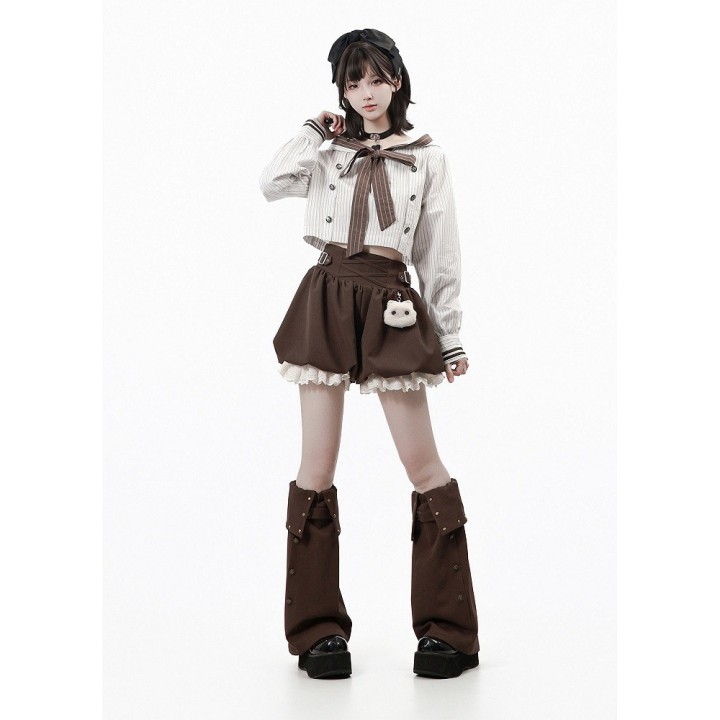 Bloomer kawaii marron à dentelle et breloque chaton