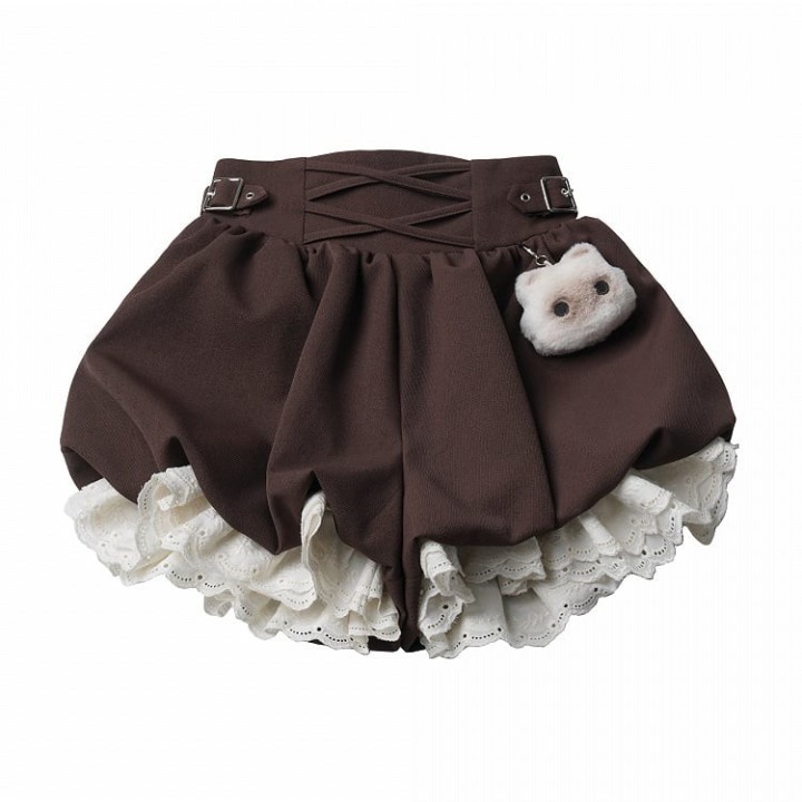 Bloomer kawaii marron à dentelle et breloque chaton