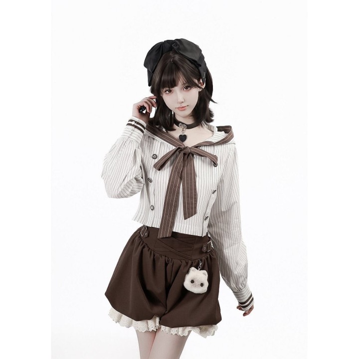 Bloomer kawaii marron à dentelle et breloque chaton