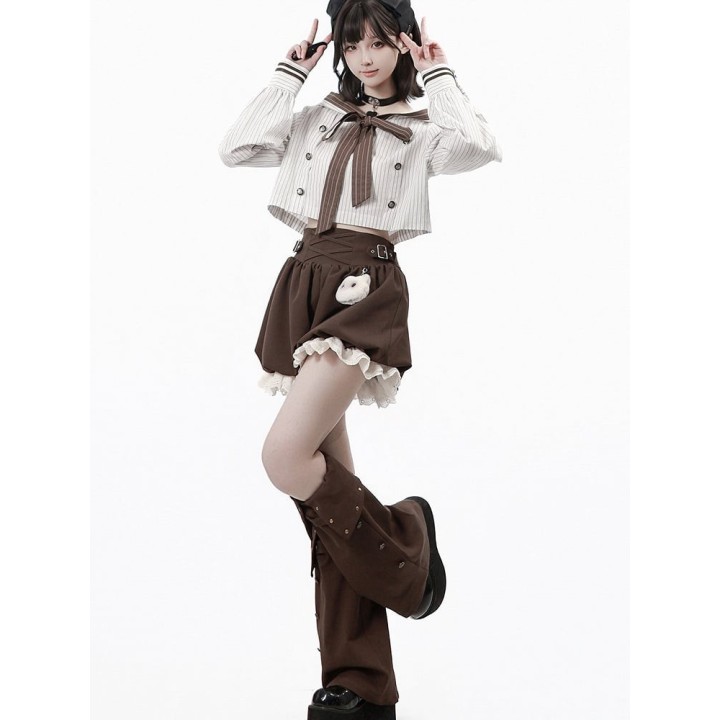 Bloomer kawaii marron à dentelle et breloque chaton