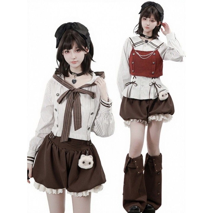 Bloomer kawaii marron à dentelle et breloque chaton