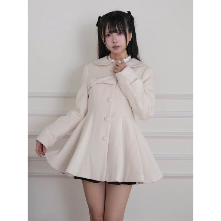 Manteau Ryousangata abricot à col fourrure amovible et nœud