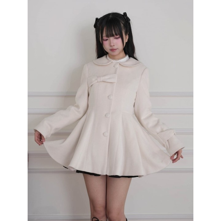 Manteau Ryousangata abricot à col fourrure amovible et nœud