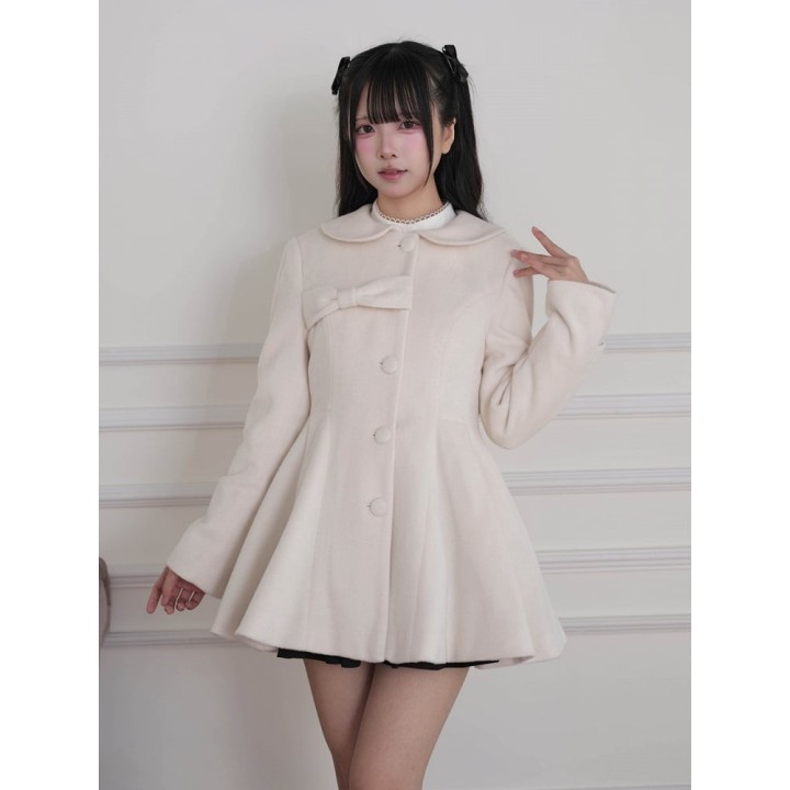 Manteau Ryousangata abricot à col fourrure amovible et nœud