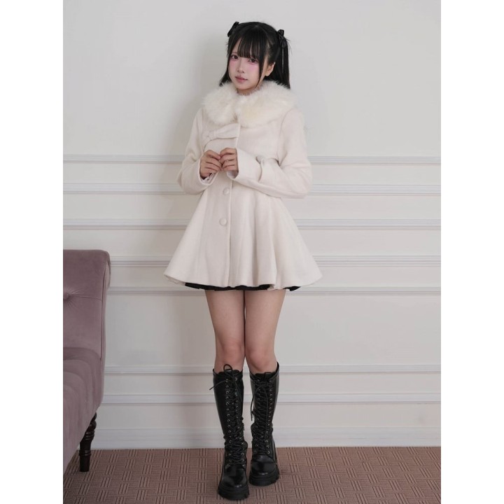 Manteau Ryousangata abricot à col fourrure amovible et nœud