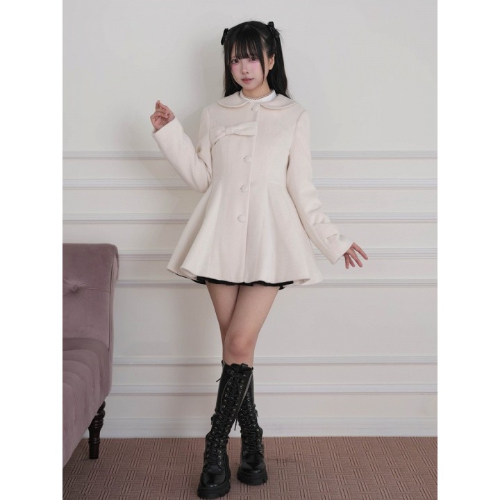 Manteau Ryousangata abricot à col fourrure amovible et nœud