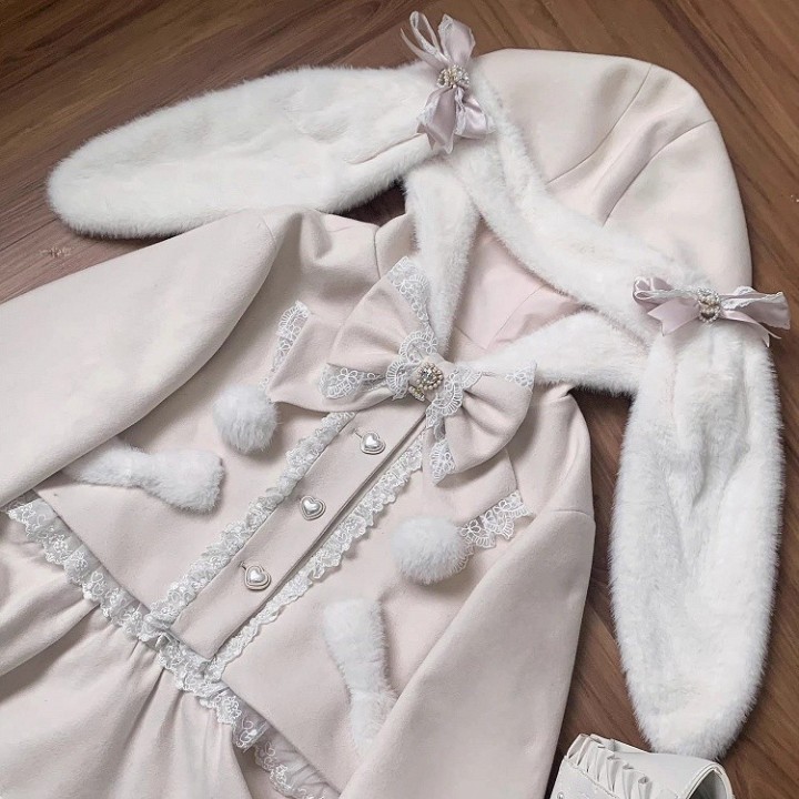 Manteau à capuche Jirai Kei rose à oreilles de lapin amovibles