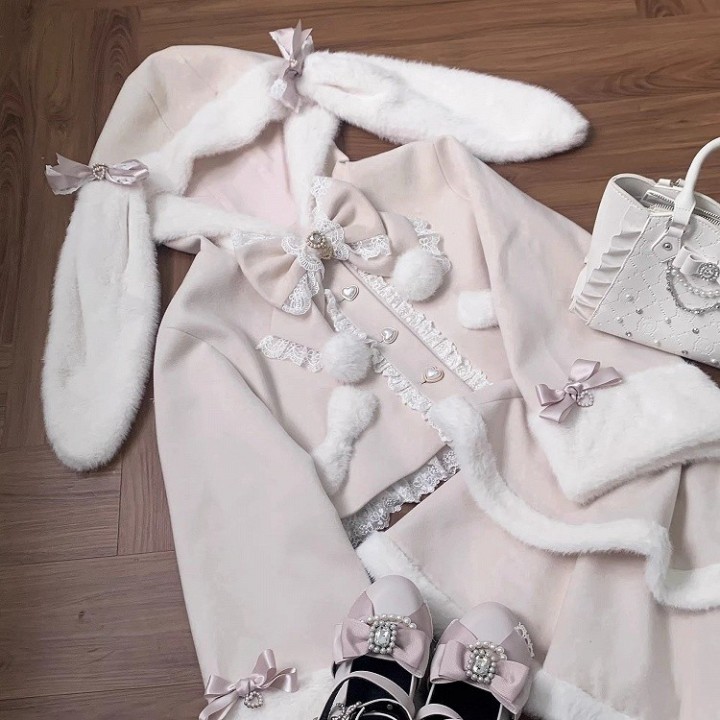 Manteau à capuche Jirai Kei rose à oreilles de lapin amovibles