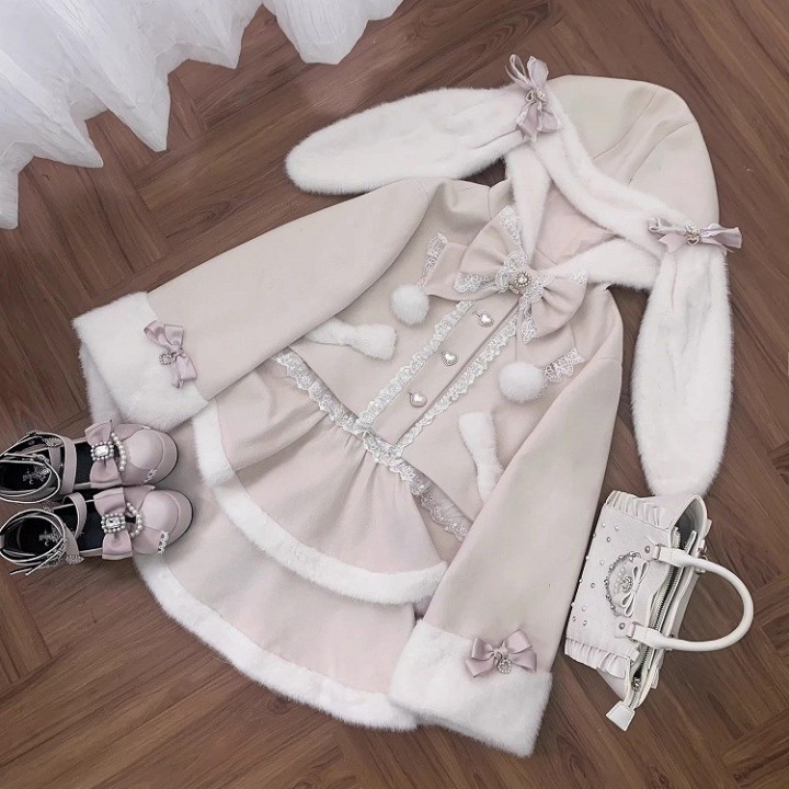 Manteau à capuche Jirai Kei rose à oreilles de lapin amovibles