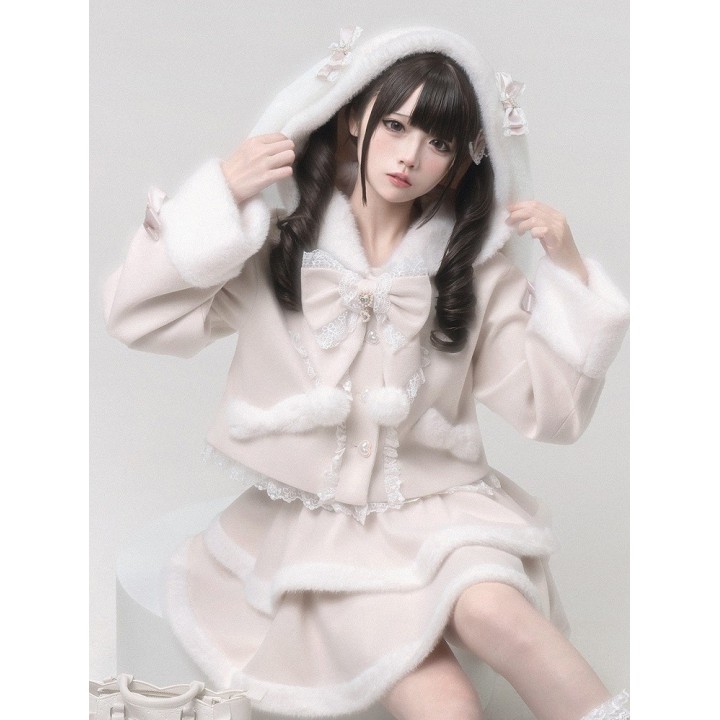 Manteau à capuche Jirai Kei rose à oreilles de lapin amovibles