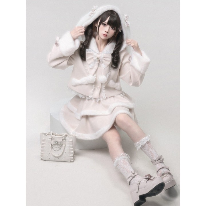 Manteau à capuche Jirai Kei rose à oreilles de lapin amovibles
