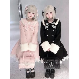 Manteau Ryousangata rose à col et poignets fourrés