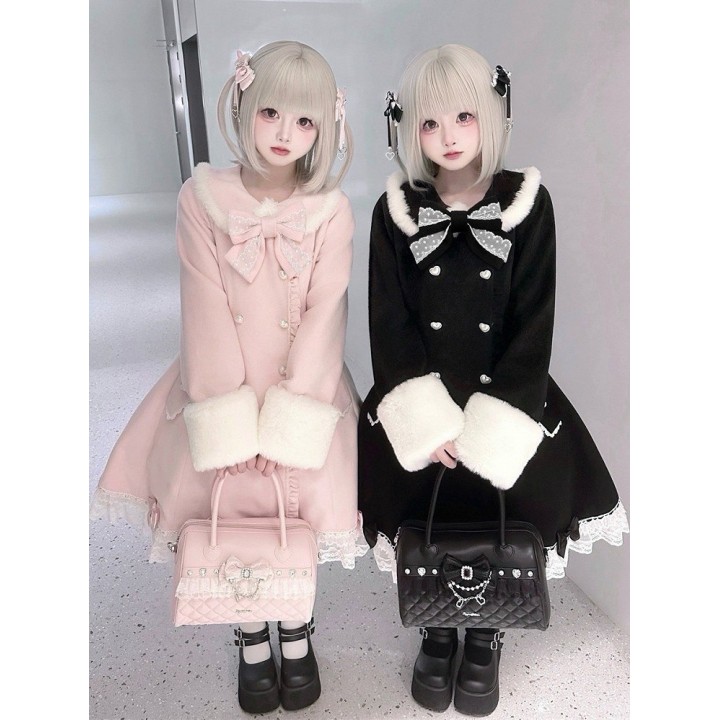 Manteau Ryousangata rose à col et poignets fourrés