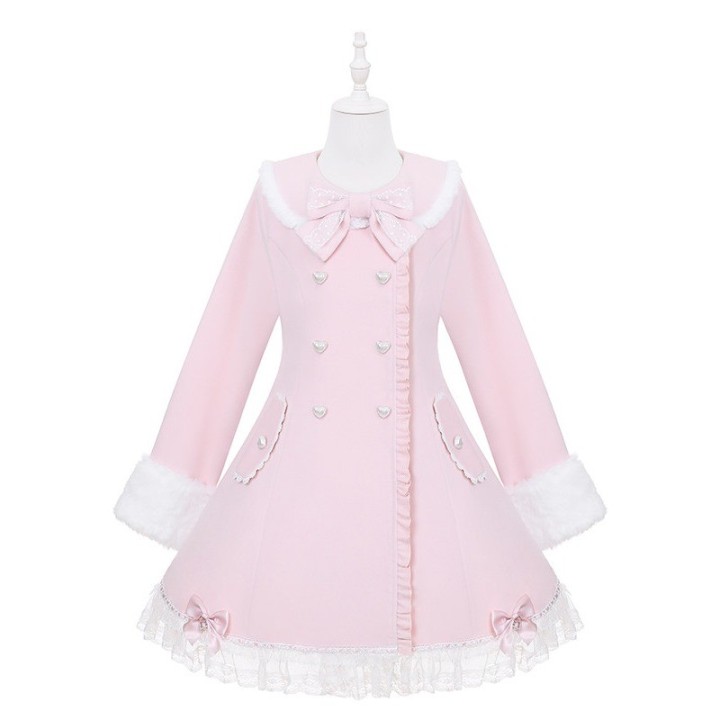 Manteau Ryousangata rose à col et poignets fourrés