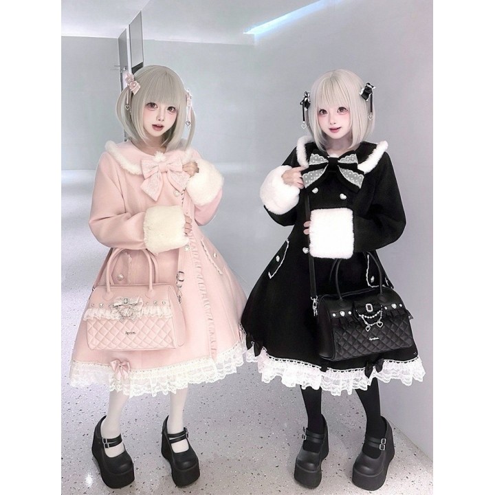 Manteau Ryousangata rose à col et poignets fourrés