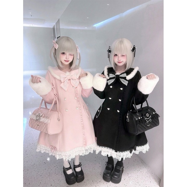 Manteau Ryousangata rose à col et poignets fourrés