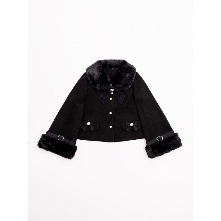 Manteau Jirai Kei noir à col et poignets fourrés amovibles