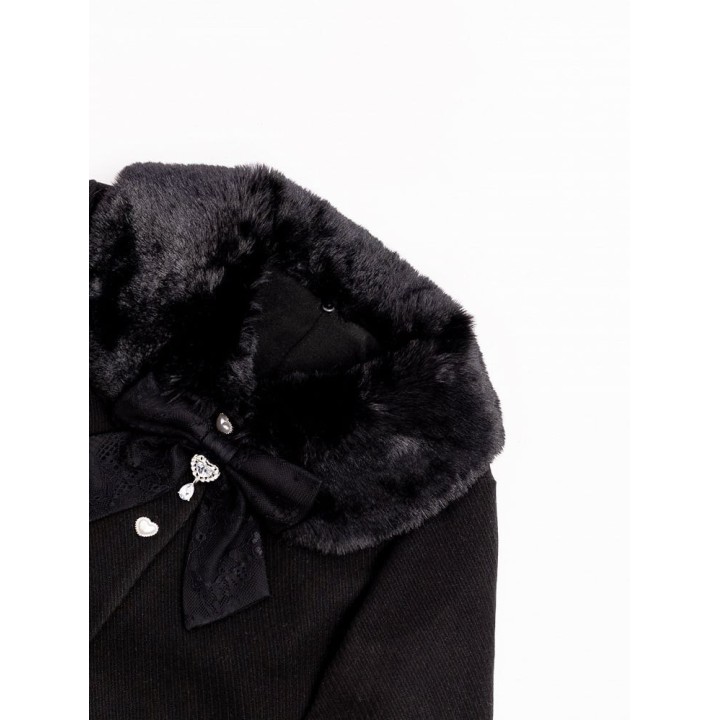 Manteau Jirai Kei noir à col et poignets fourrés amovibles