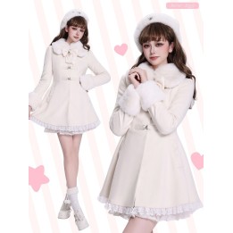 Manteau Jirai Kei crème à boucles papillon et col peluche amovible