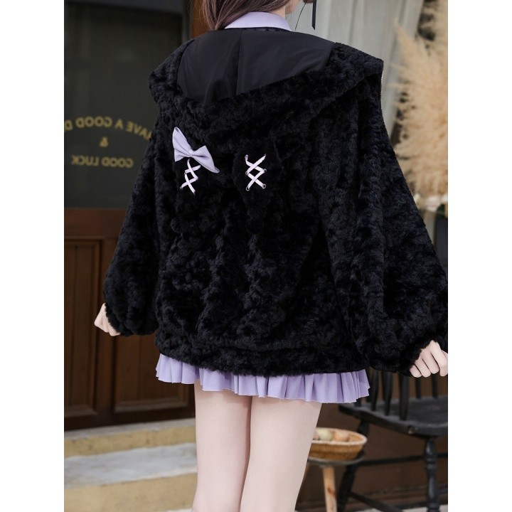 Manteau à capuche oreilles de diablotin noir et violet