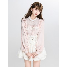 Pull Jirai Kei rose col illusion duveteux à volants et nœud