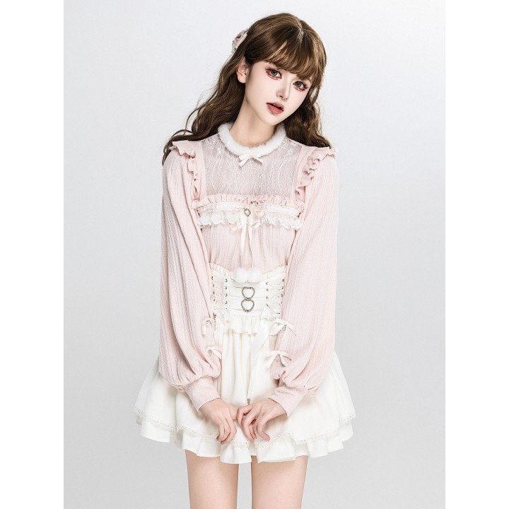 Pull Jirai Kei rose col illusion duveteux à volants et nœud