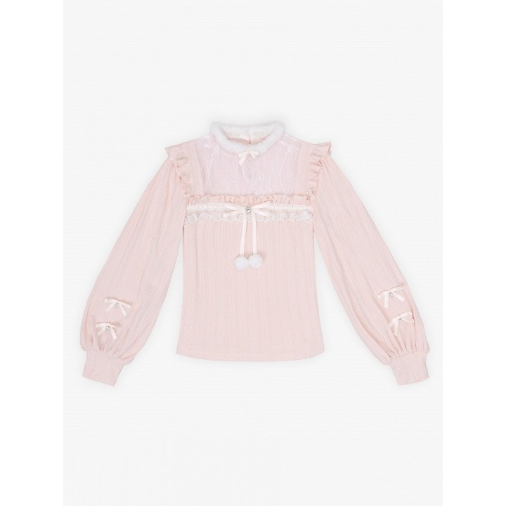 Pull Jirai Kei rose col illusion duveteux à volants et nœud