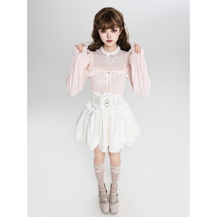 Pull Jirai Kei rose col illusion duveteux à volants et nœud