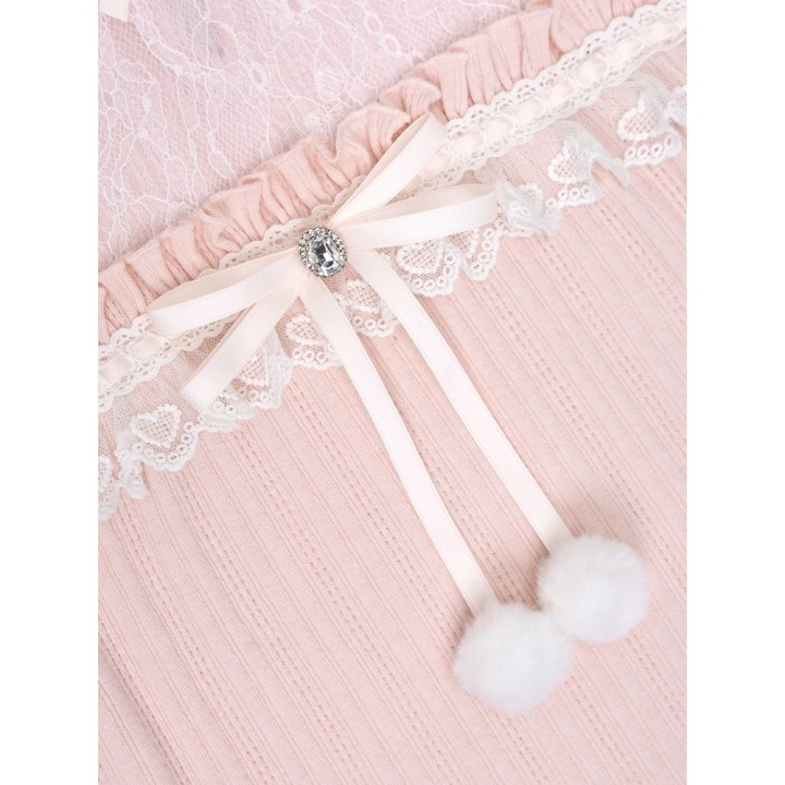 Pull Jirai Kei rose col illusion duveteux à volants et nœud