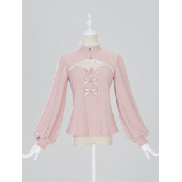 Top Jirai Kei col montant dentelle et trois nœuds – Rose