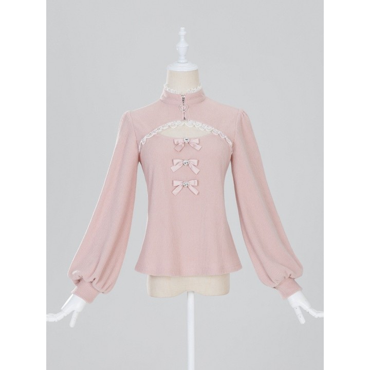 Top Jirai Kei col montant dentelle et trois nœuds – Rose