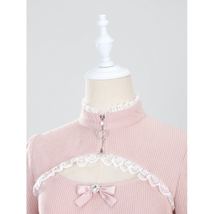 Top Jirai Kei col montant dentelle et trois nœuds – Rose