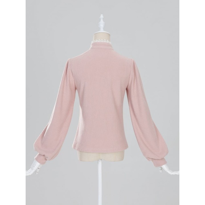 Top Jirai Kei col montant dentelle et trois nœuds – Rose
