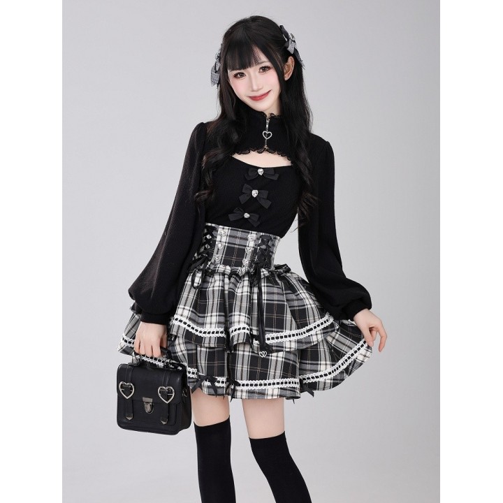 Top Jirai Kei col montant dentelle et trois nœuds – Noir