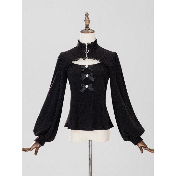 Top Jirai Kei col montant dentelle et trois nœuds – Noir