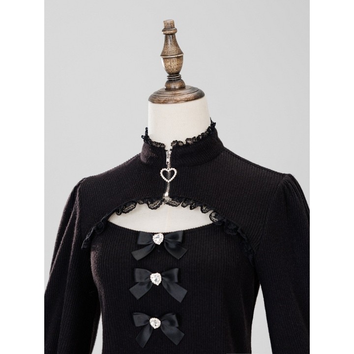 Top Jirai Kei col montant dentelle et trois nœuds – Noir