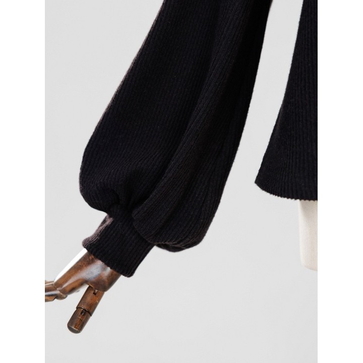 Top Jirai Kei col montant dentelle et trois nœuds – Noir