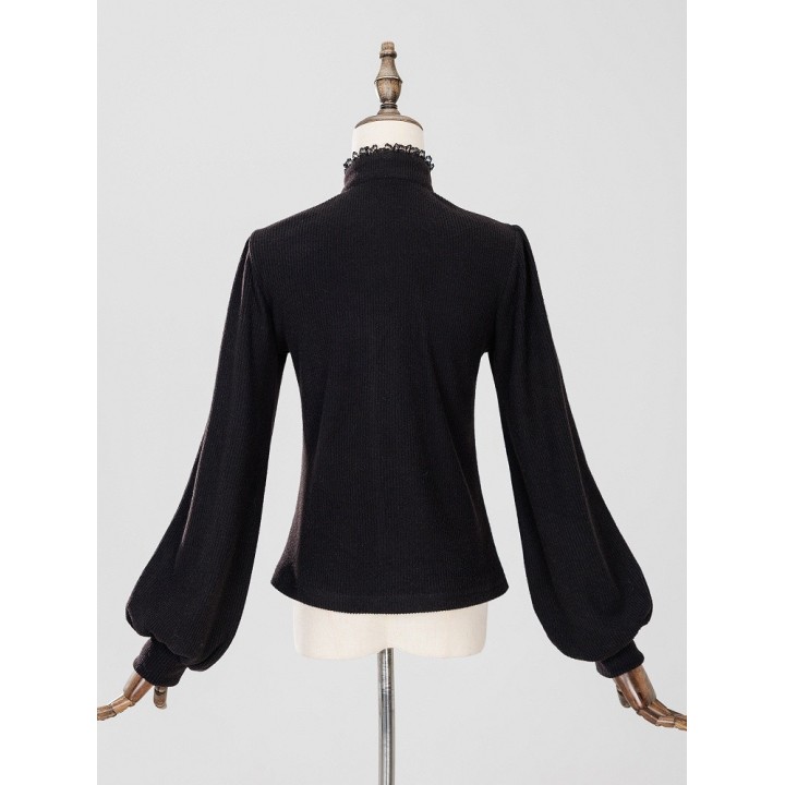 Top Jirai Kei col montant dentelle et trois nœuds – Noir