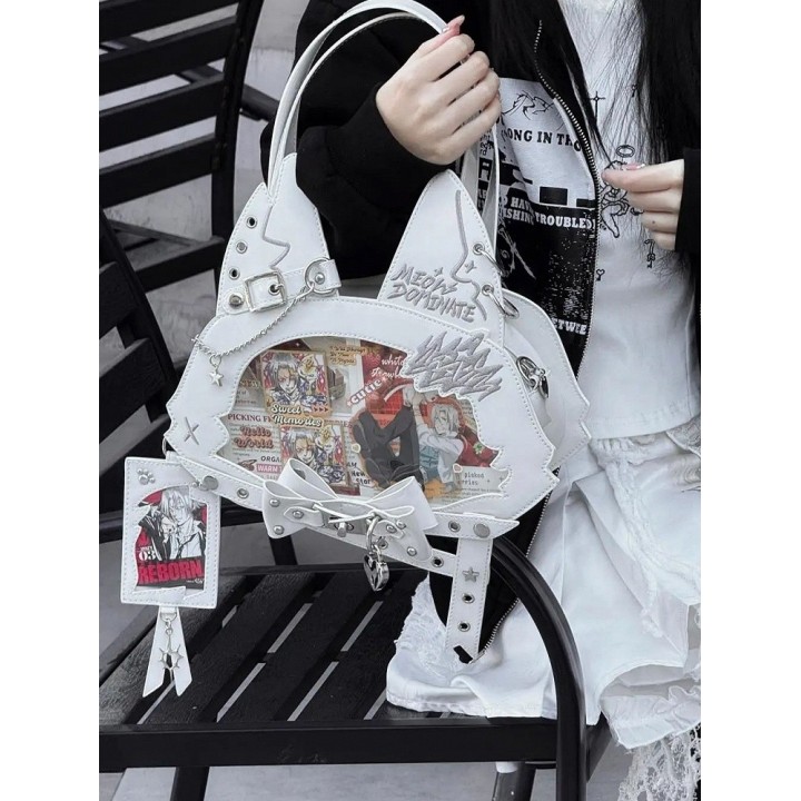 Sac cabas ita oreilles de chat, nœud et clous (porte-cartes offert) – Blanc