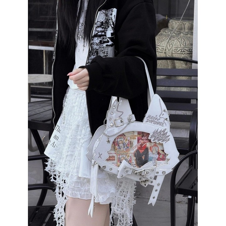 Sac cabas ita oreilles de chat, nœud et clous (porte-cartes offert) – Blanc