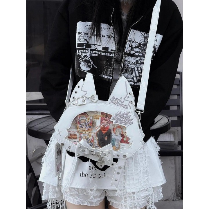 Sac cabas ita oreilles de chat, nœud et clous (porte-cartes offert) – Blanc