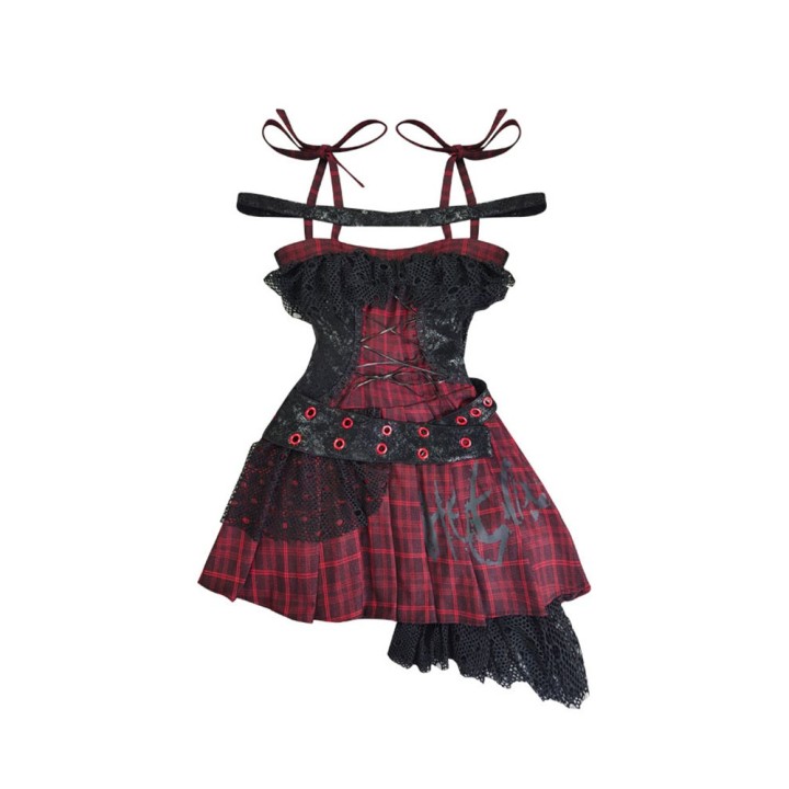 Robe punk rock tartan rouge et noir à laçage
