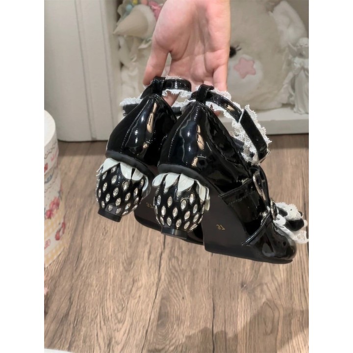 Mary Janes lolita talon fraise, nœud et dentelle – Noir