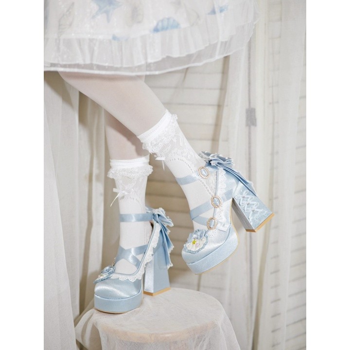 Escarpins lolita perles et coquillages à talon bloc – Bleu clair