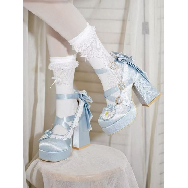 Escarpins lolita perles et coquillages à talon bloc – Bleu clair