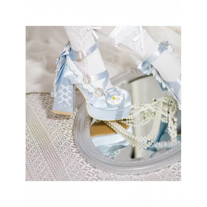 Escarpins lolita perles et coquillages à talon bloc – Bleu clair