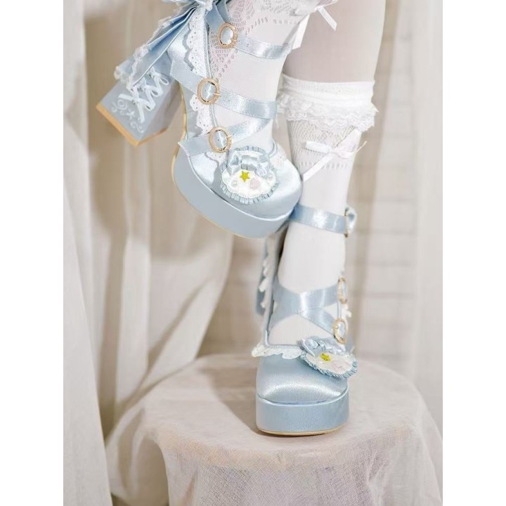 Escarpins lolita perles et coquillages à talon bloc – Bleu clair