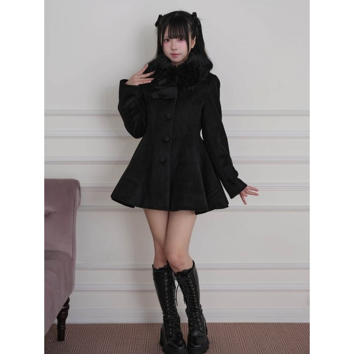 Manteau Ryousangata / Jirai Kei à col fourrure amovible et nœud – Noir