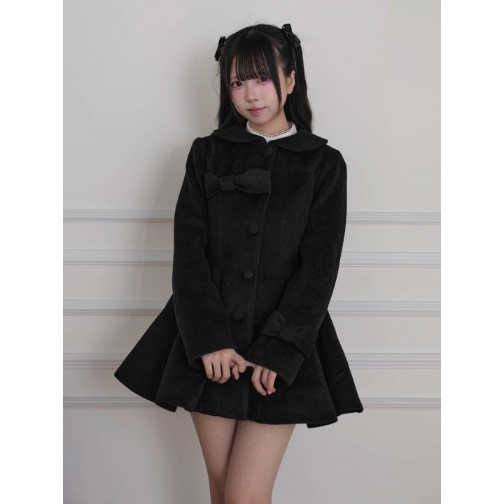 Manteau Ryousangata / Jirai Kei à col fourrure amovible et nœud – Noir